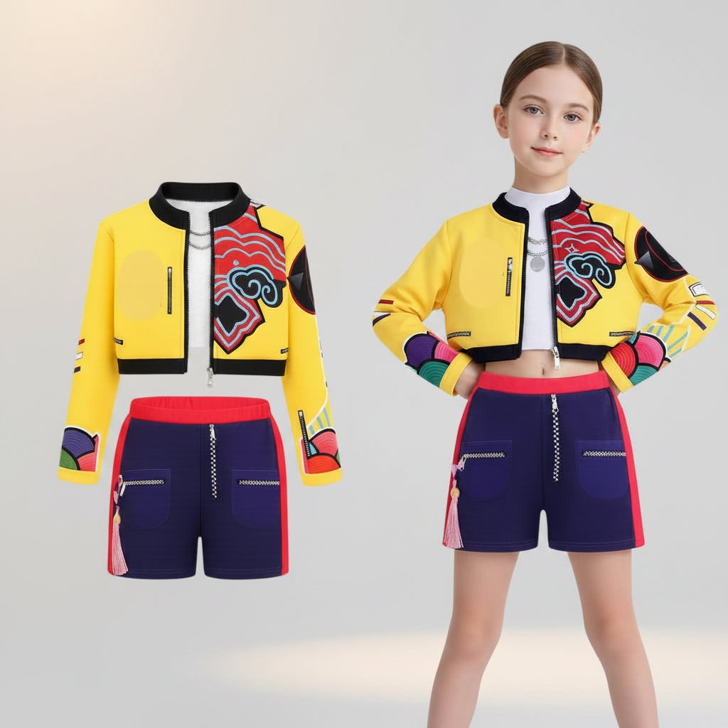 Kids' Halloween Hip Hop Dance Costume with Cropped Jacket Graphic Top and Flared Skirt