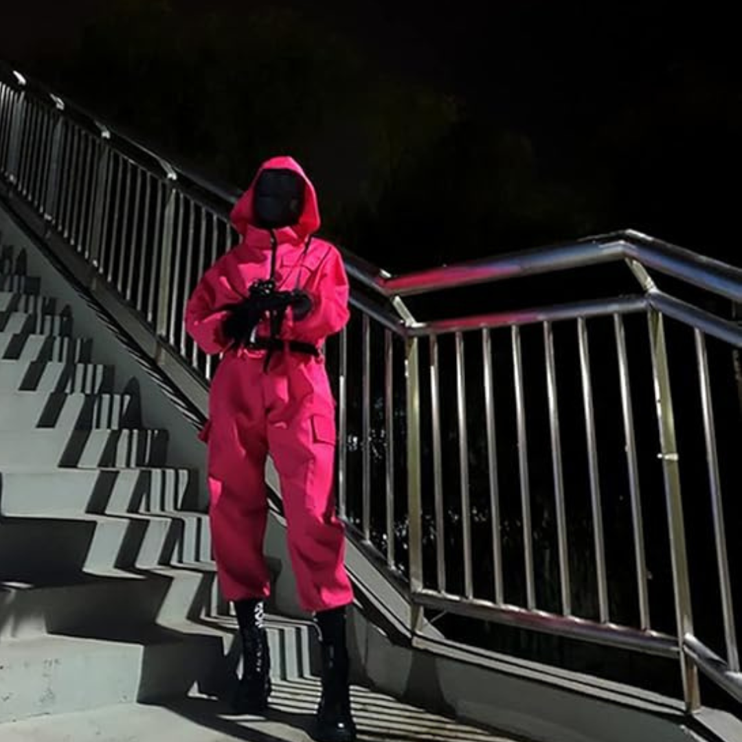 Kids' Halloween Hooded Jumpsuit Costume with Mask Belt and Cargo Pockets Pink