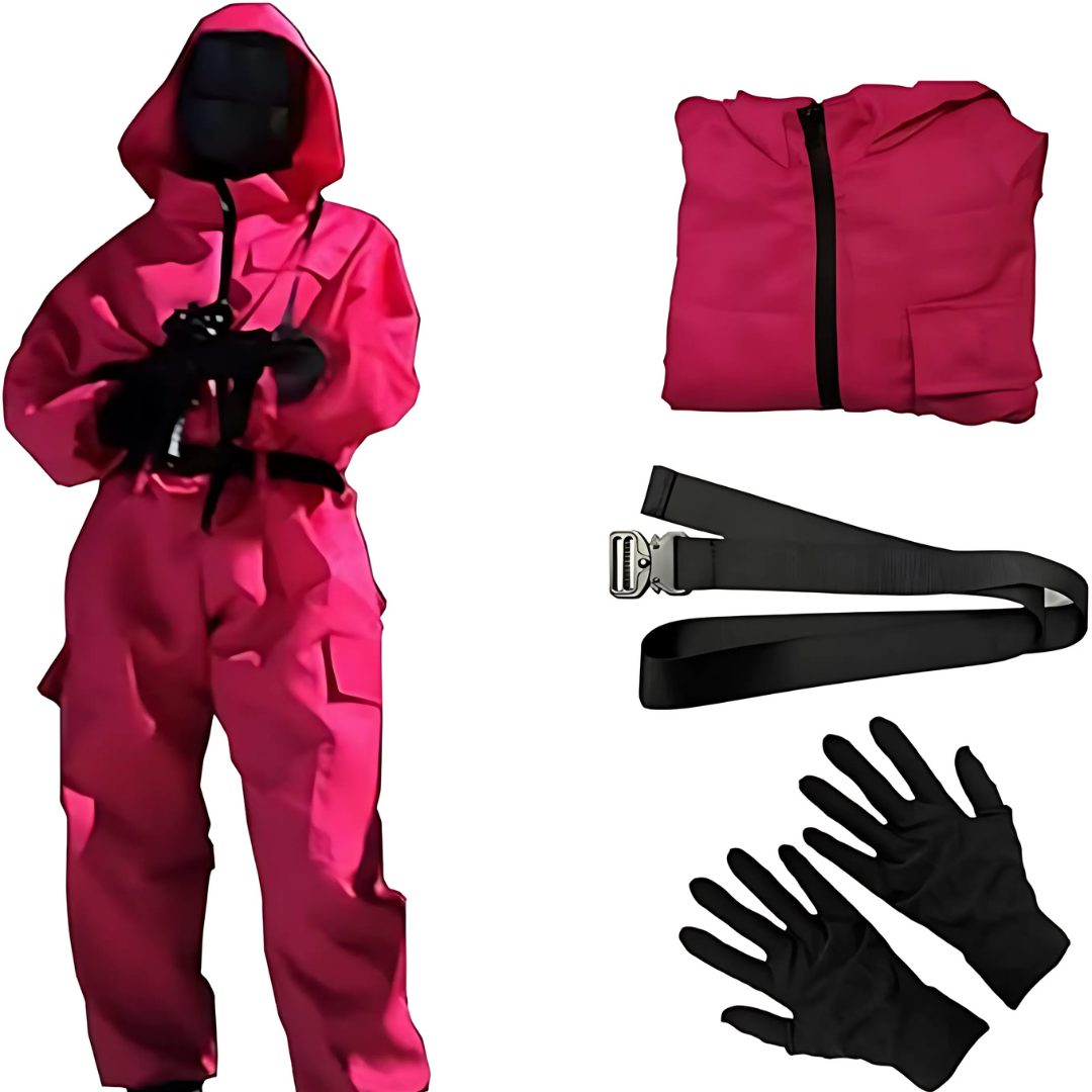 Kids' Halloween Hooded Jumpsuit Costume with Mask Belt and Cargo Pockets Pink