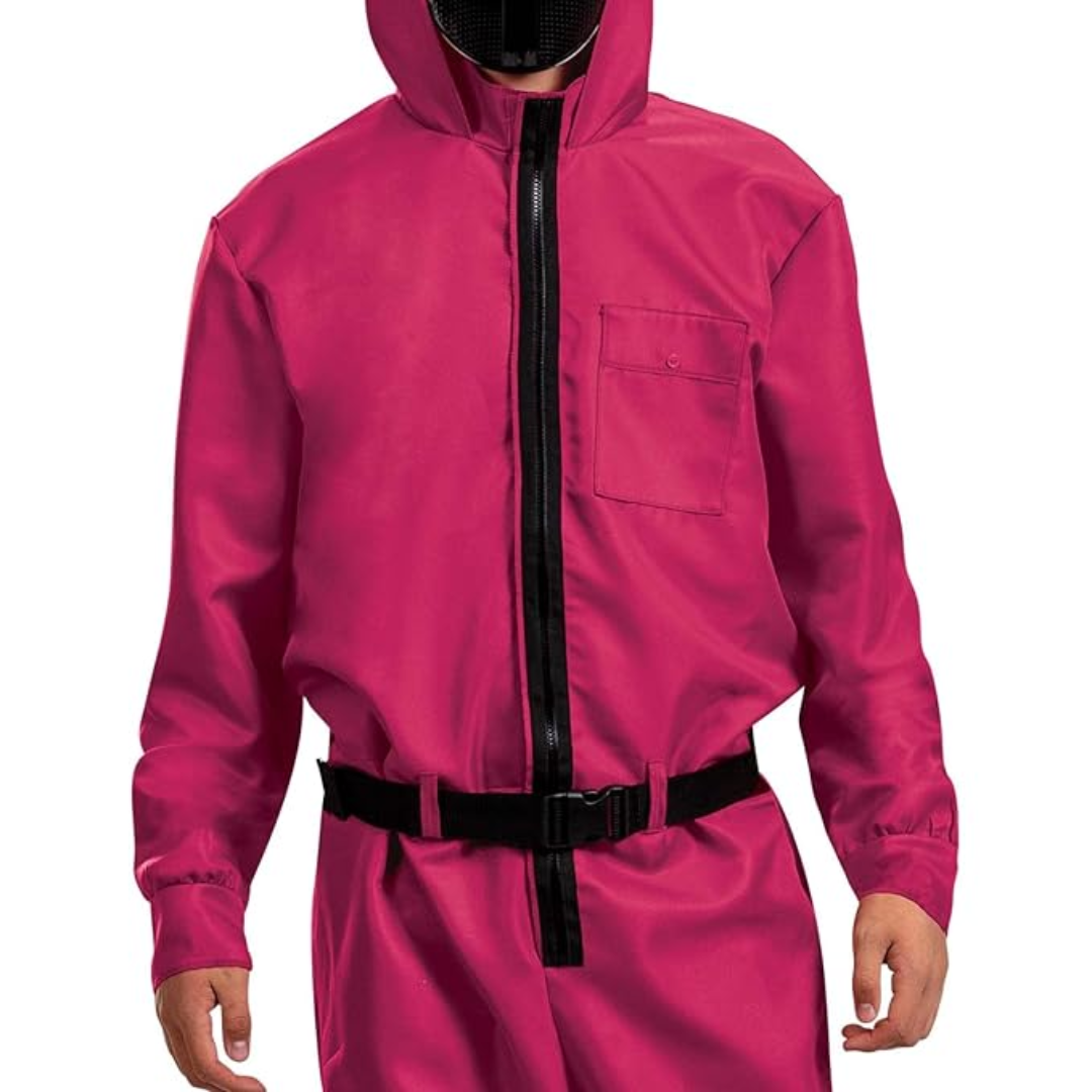 Kids' Halloween Hooded Jumpsuit Costume with Mask Belt and Cargo Pockets Pink