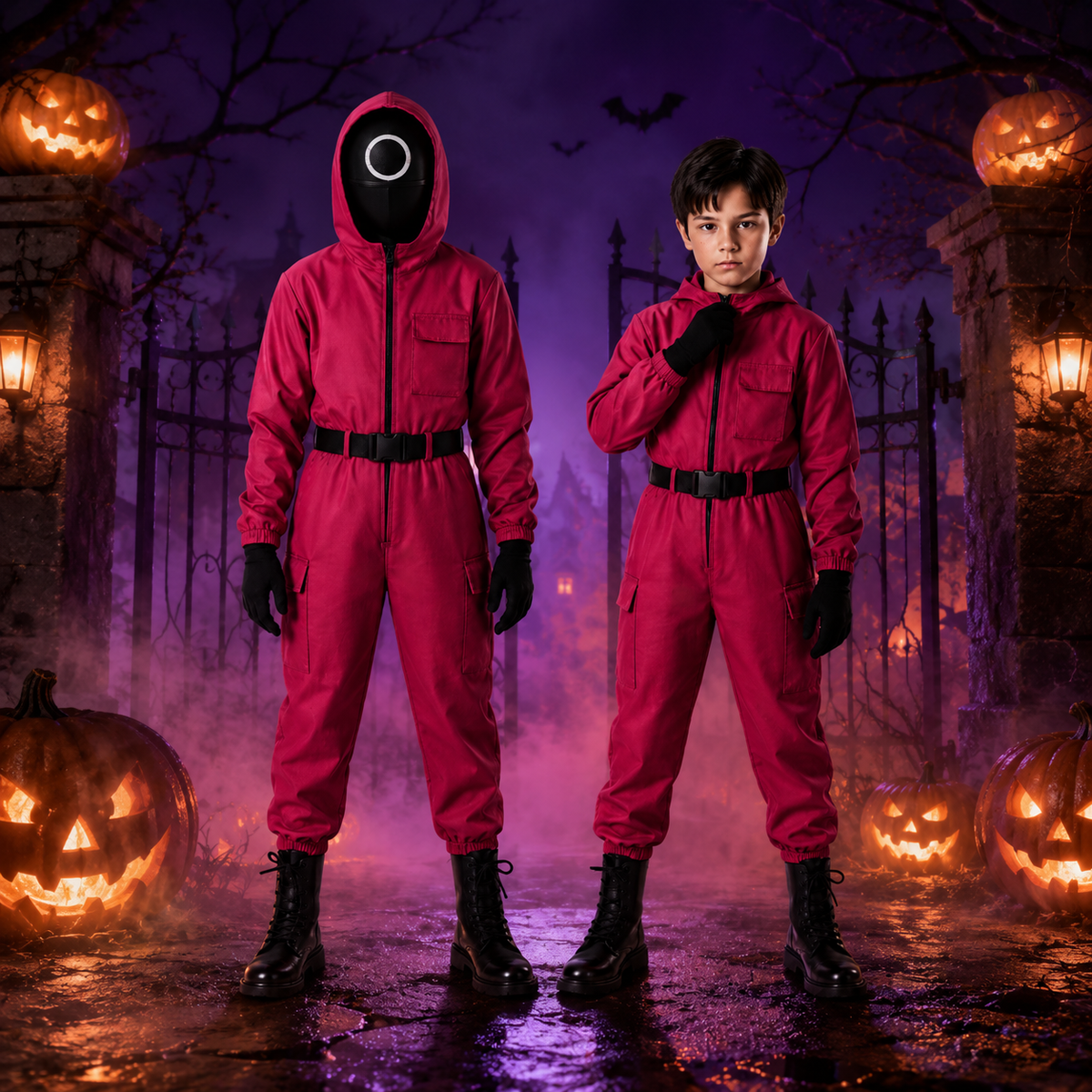 Kids' Halloween Hooded Jumpsuit Costume with Mesh Mask and Gloves Trick-Or-Treat