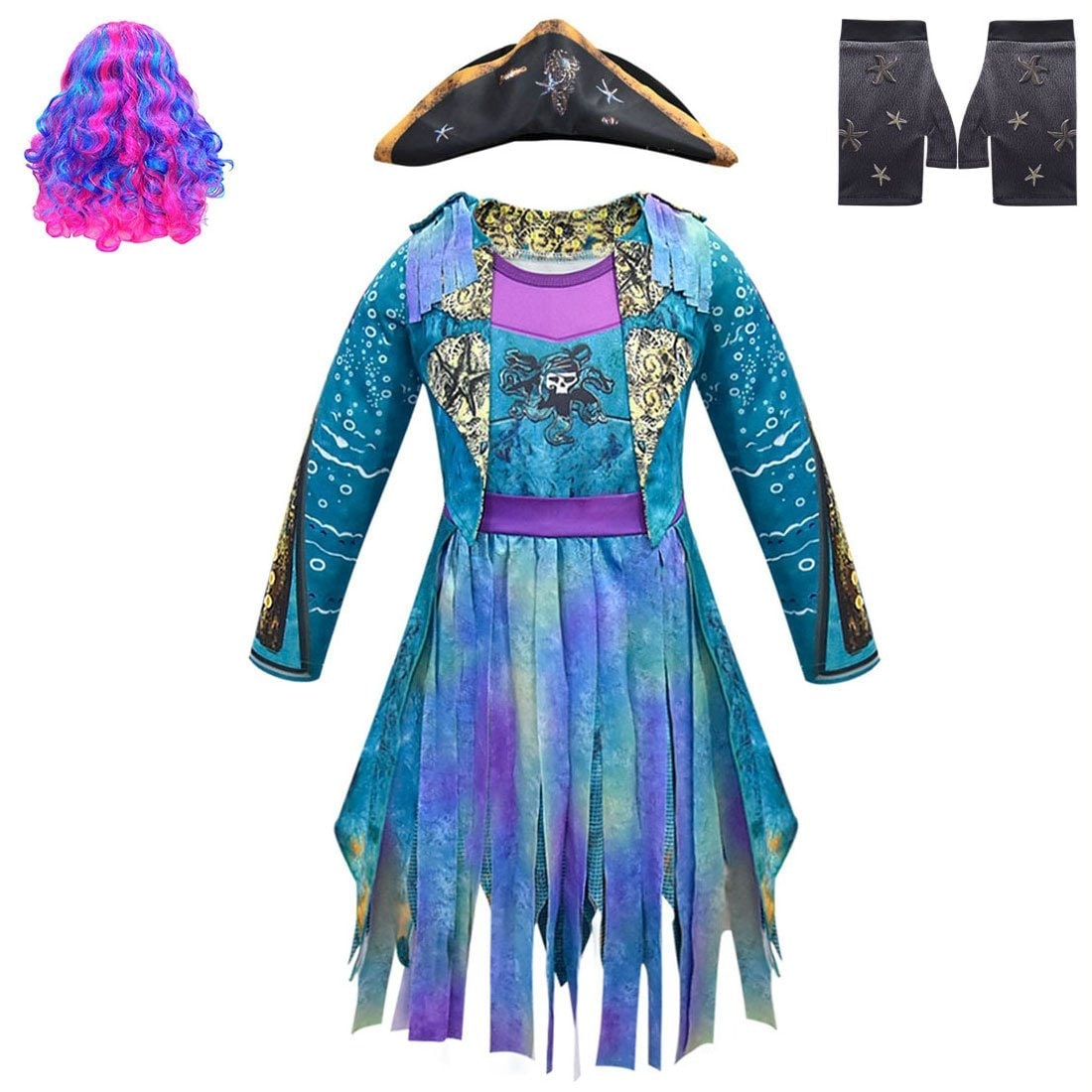 Kids' Halloween Pirate Costume Dress Outfit with and for Skull Graphic and Tattered Hem