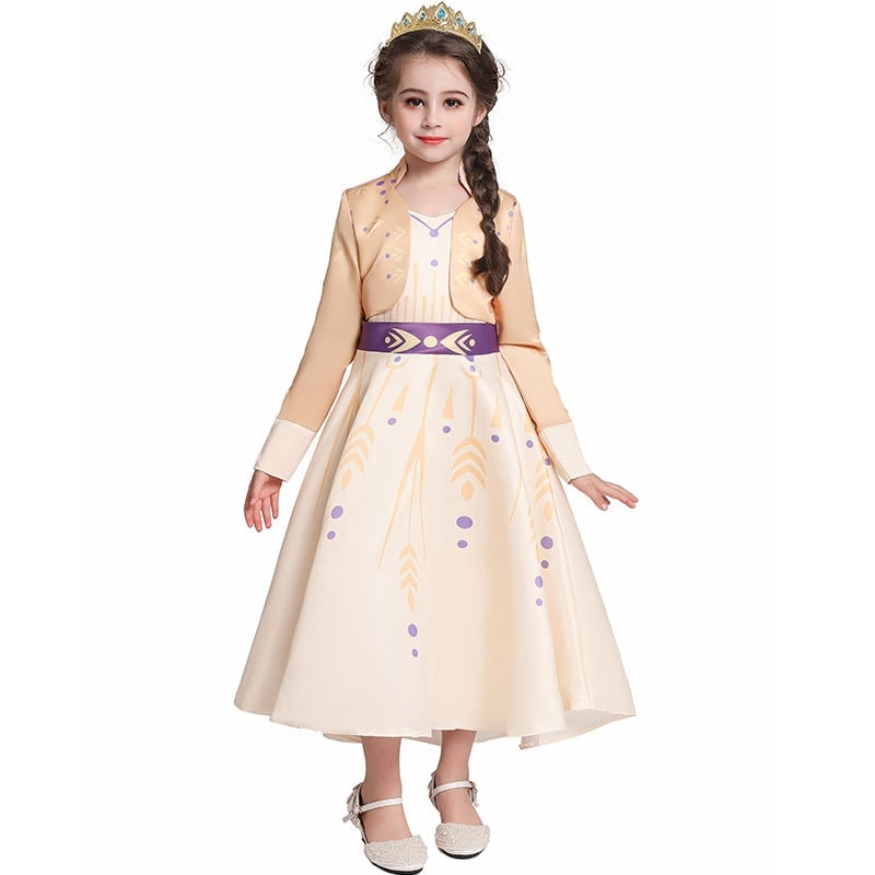 Kids' Halloween Princess Costume Dress with Long Sleeves and Purple Sash Bow