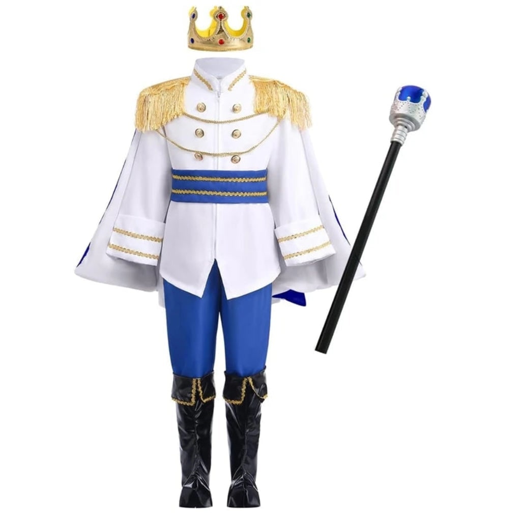 Kids' Halloween Royal Prince Costume Set with Gold Crown Scepter and Red Cape