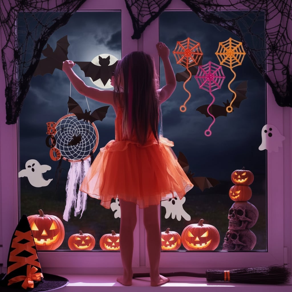 Kids' Halloween Decorations Sticky Spiderweb Party Favors Stretchy Neon Window Clings with Wavy Tail