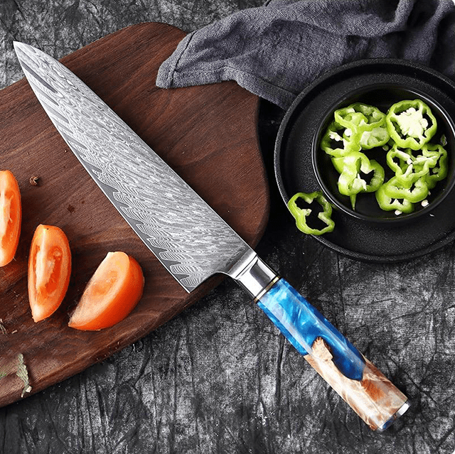 Gyuto (ぎゅうとう) Japanese Damascus Steel Knife with Coloured Blue Handle