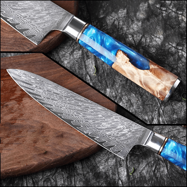 Gyuto (ぎゅうとう) Japanese Damascus Steel Knife with Coloured Blue Handle