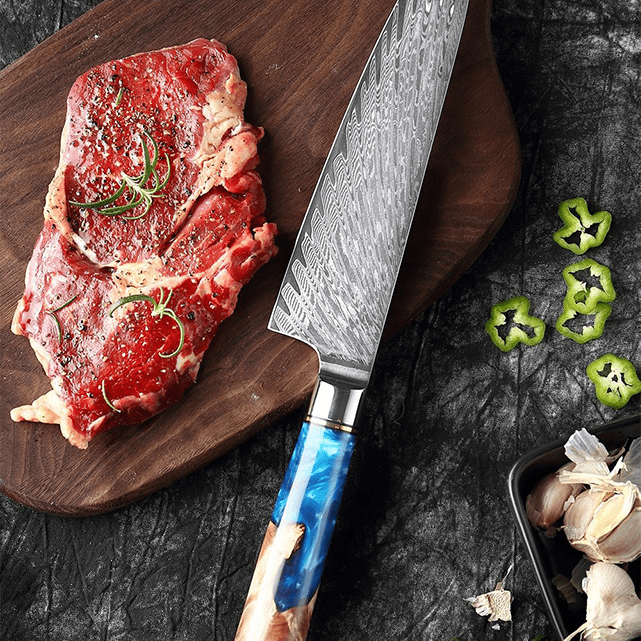 Gyuto (ぎゅうとう) Japanese Damascus Steel Knife with Coloured Blue Handle