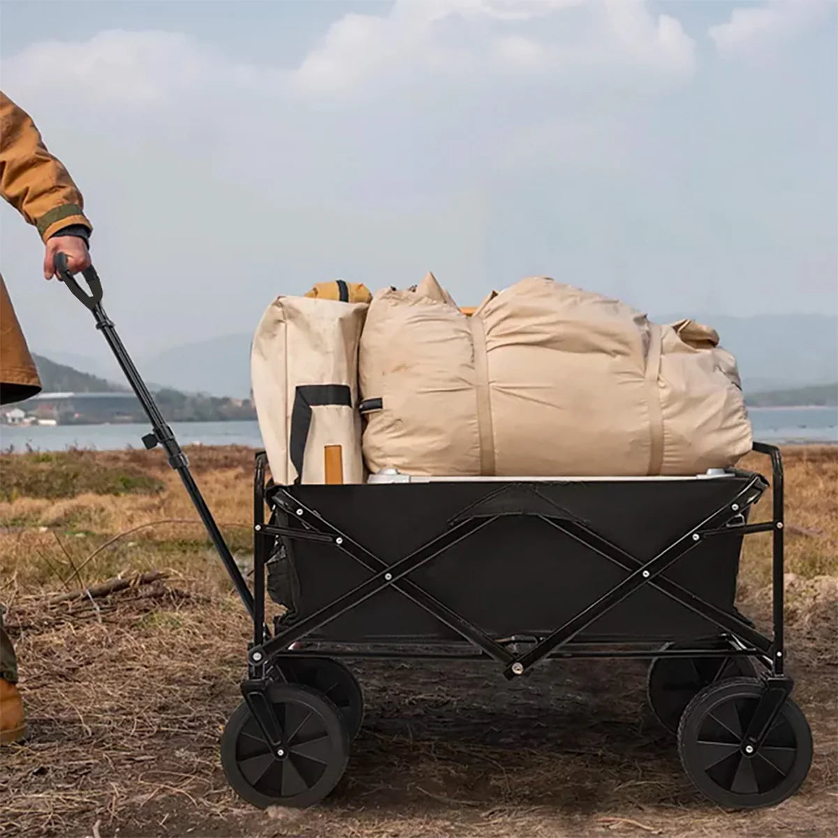 Foldable Collapsible Garden Cart – Heavy Duty Pull Wagon with 150kg Load Capacity, Telescopic Handle, 360° Wheels & Mesh Bottle Holders for Outdoor, Camping, Grocery & Gardening