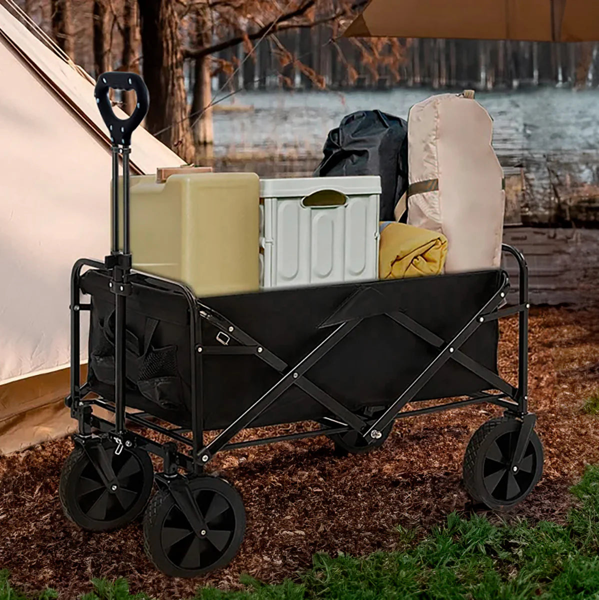 Foldable Collapsible Garden Cart – Heavy Duty Pull Wagon with 150kg Load Capacity, Telescopic Handle, 360° Wheels & Mesh Bottle Holders for Outdoor, Camping, Grocery & Gardening