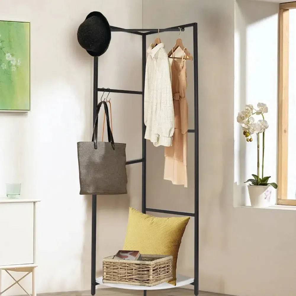 Metal Corner Garment Rack with Coat Stand and Wall Hanging Shelf