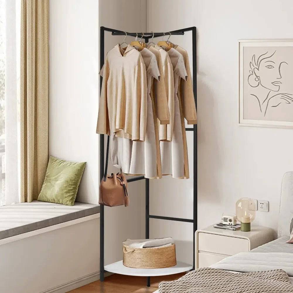 Metal Corner Garment Rack with Coat Stand and Wall Hanging Shelf