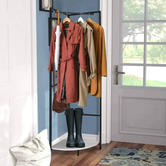 Metal Corner Garment Rack with Coat Stand and Wall Hanging Shelf