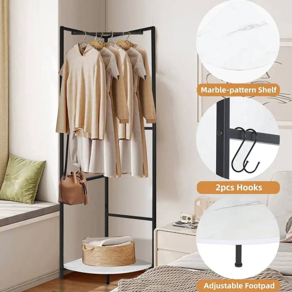 Metal Corner Garment Rack with Coat Stand and Wall Hanging Shelf