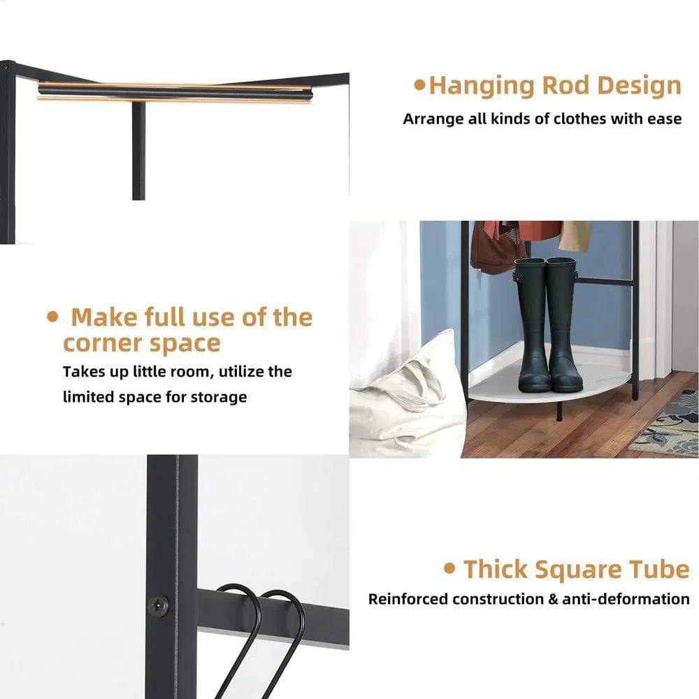 Metal Corner Garment Rack with Coat Stand and Wall Hanging Shelf