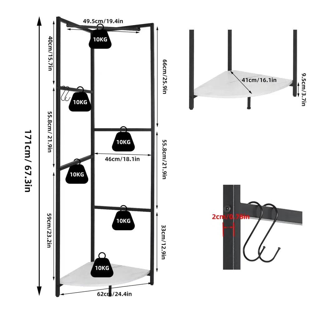 Metal Corner Garment Rack with Coat Stand and Wall Hanging Shelf