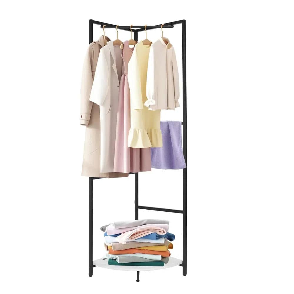 Metal Corner Garment Rack with Coat Stand and Wall Hanging Shelf