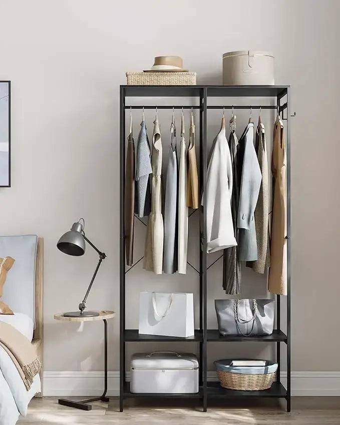 Freestanding Clothes Wardrobe with Hanging Rods and Storage Shelves