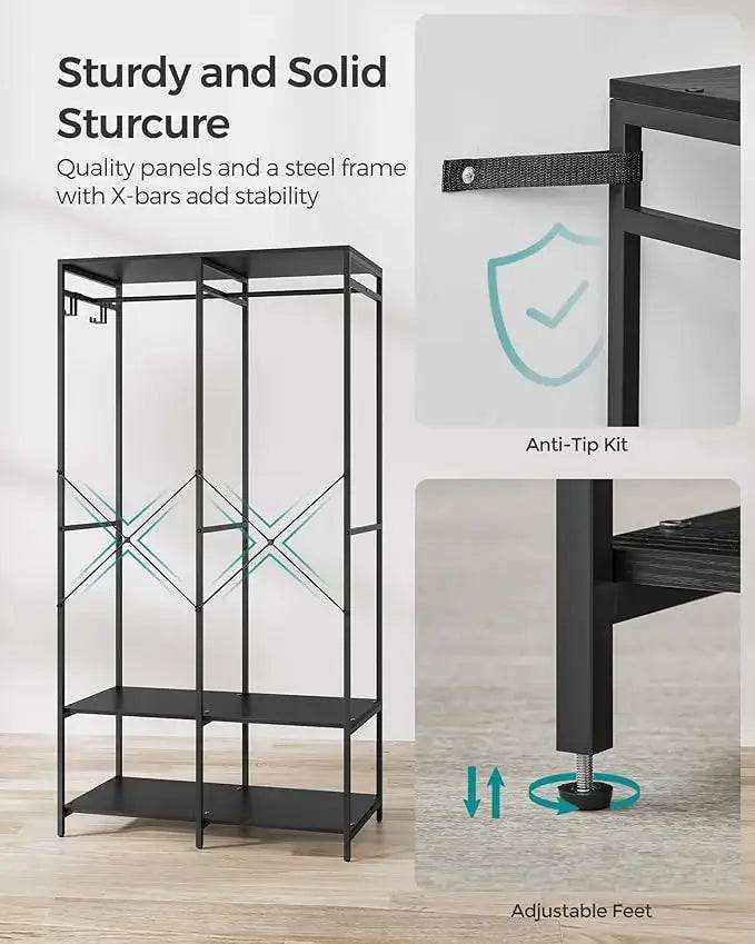 Freestanding Clothes Wardrobe with Hanging Rods and Storage Shelves