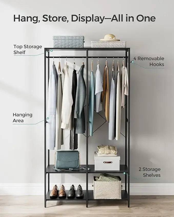 Freestanding Clothes Wardrobe with Hanging Rods and Storage Shelves