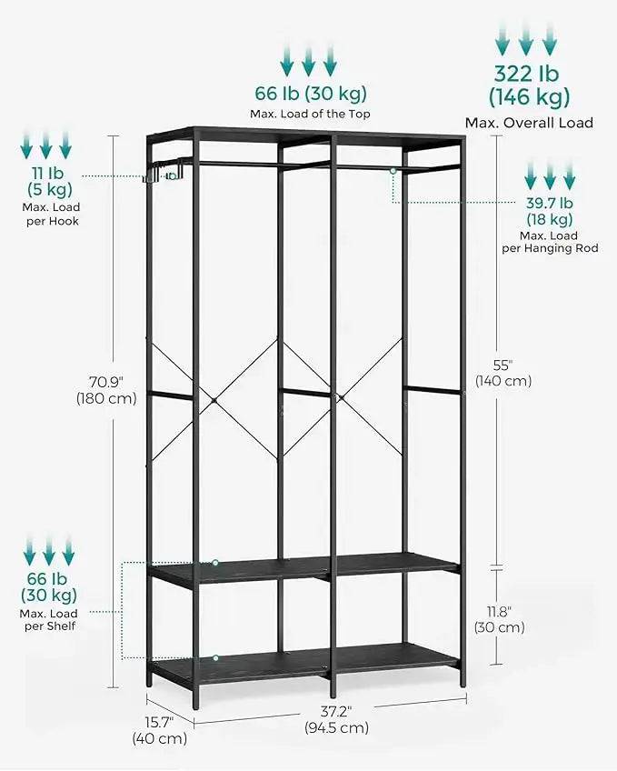 Freestanding Clothes Wardrobe with Hanging Rods and Storage Shelves