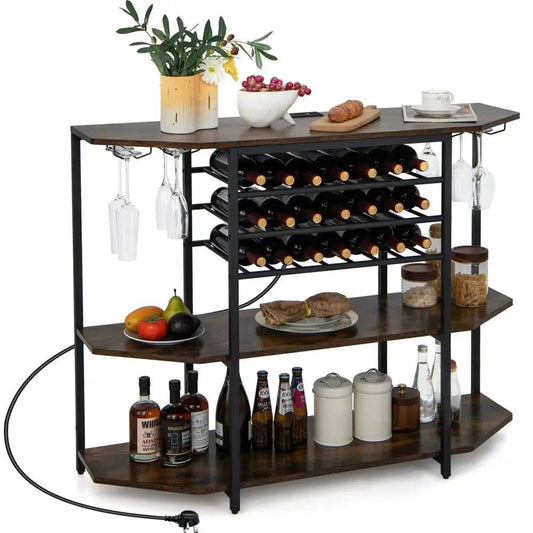 Three-Tier Industrial Wine Bar Cabinet with Storage Shelves and Glass Holder