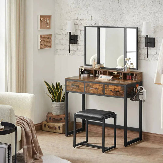Minimalist Modern Dressing Table with Tri-Fold Mirror Stool and Storage Drawers