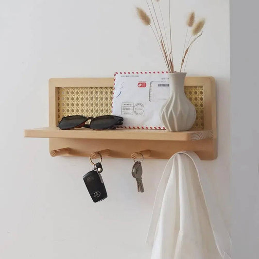 Solid Wood and Rattan Wall-Mounted Storage Rack