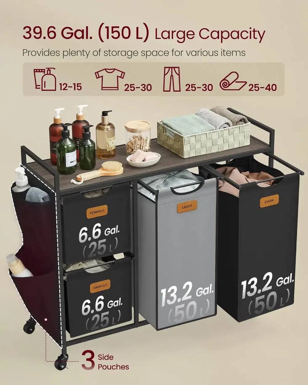 Rolling Laundry Hamper with 4 Compartments