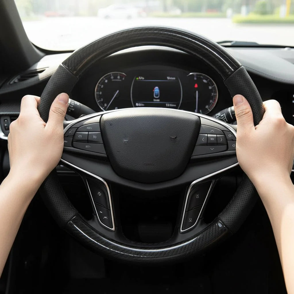 LUXDRIVE – Carbon Fiber Leather Steering Wheel Cover, Anti-Slip & Comfortable