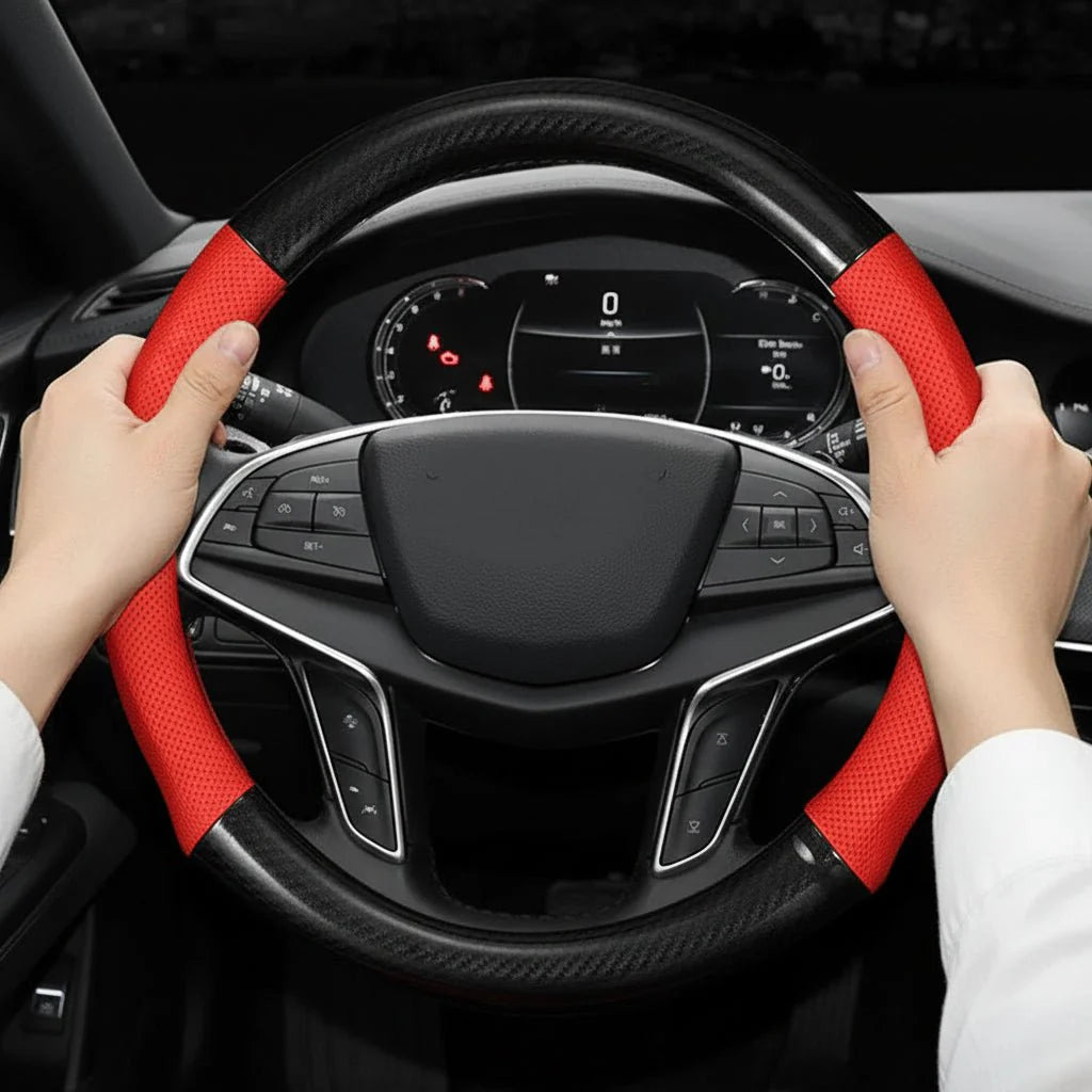 LUXDRIVE – Carbon Fiber Leather Steering Wheel Cover, Anti-Slip & Comfortable