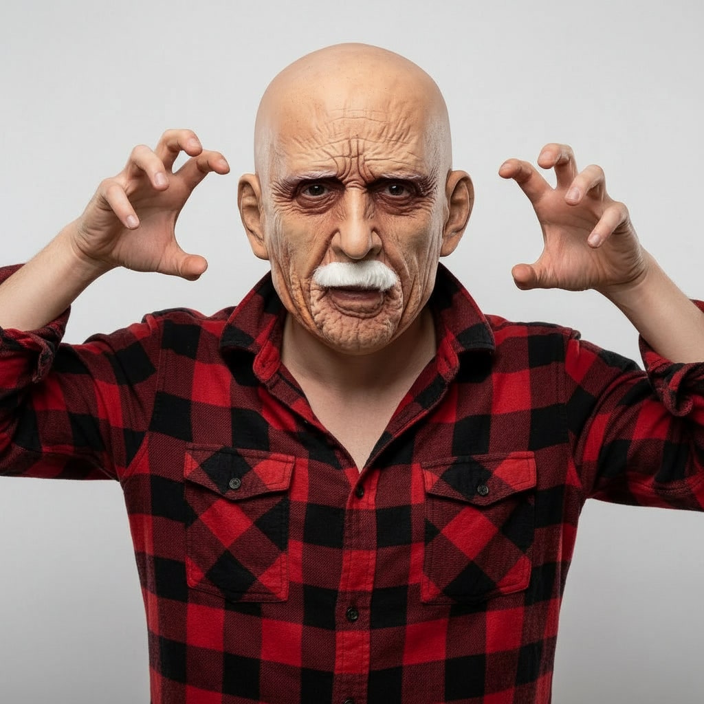 Men's Halloween Costume Mask Old Man with Realistic Latex and White Mustache for Party and Haunted House