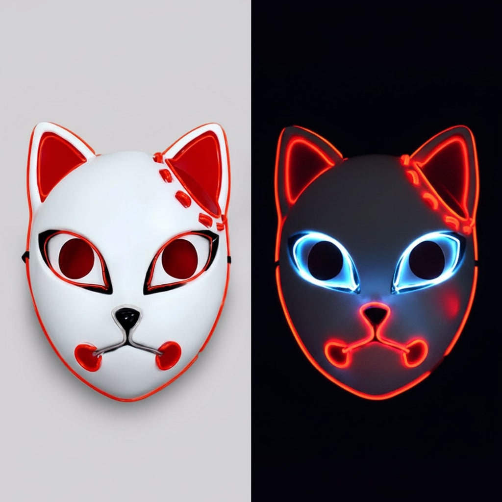Men's Halloween LED Fox Kitsune Mask with Light-Up Japanese Demon Design for Cosplay Party Costume