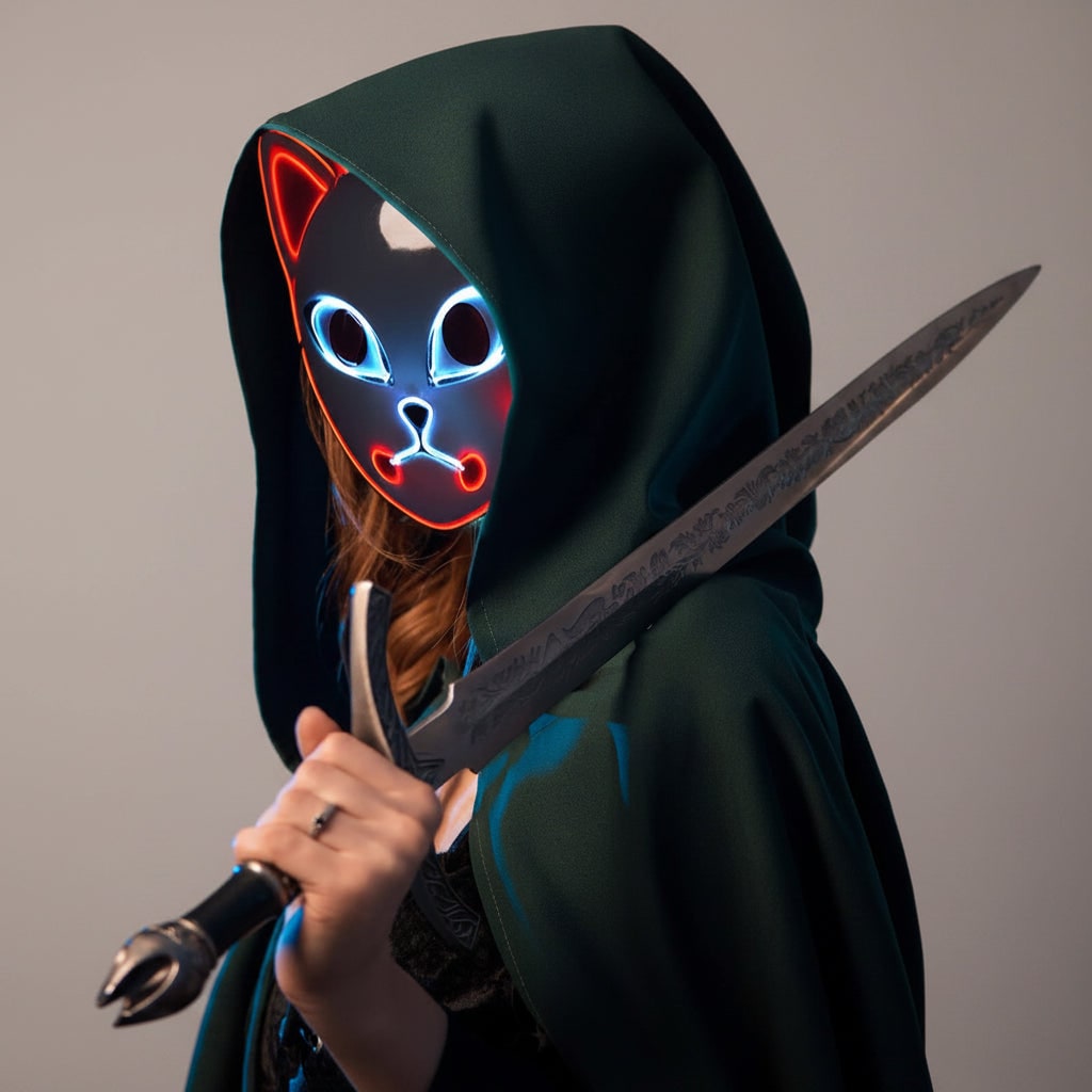 Men's Halloween LED Fox Kitsune Mask with Light-Up Japanese Demon Design for Cosplay Party Costume