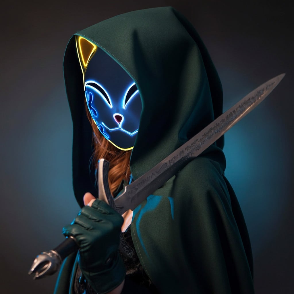 Men's Halloween LED Fox Kitsune Mask with Light-Up Japanese Demon Design for Cosplay Party Costume