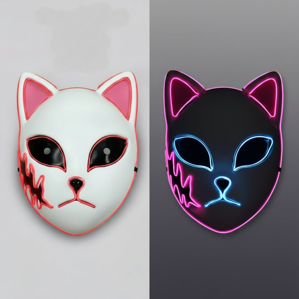 Men's Halloween LED Fox Kitsune Mask with Light-Up Japanese Demon Design for Cosplay Party Costume