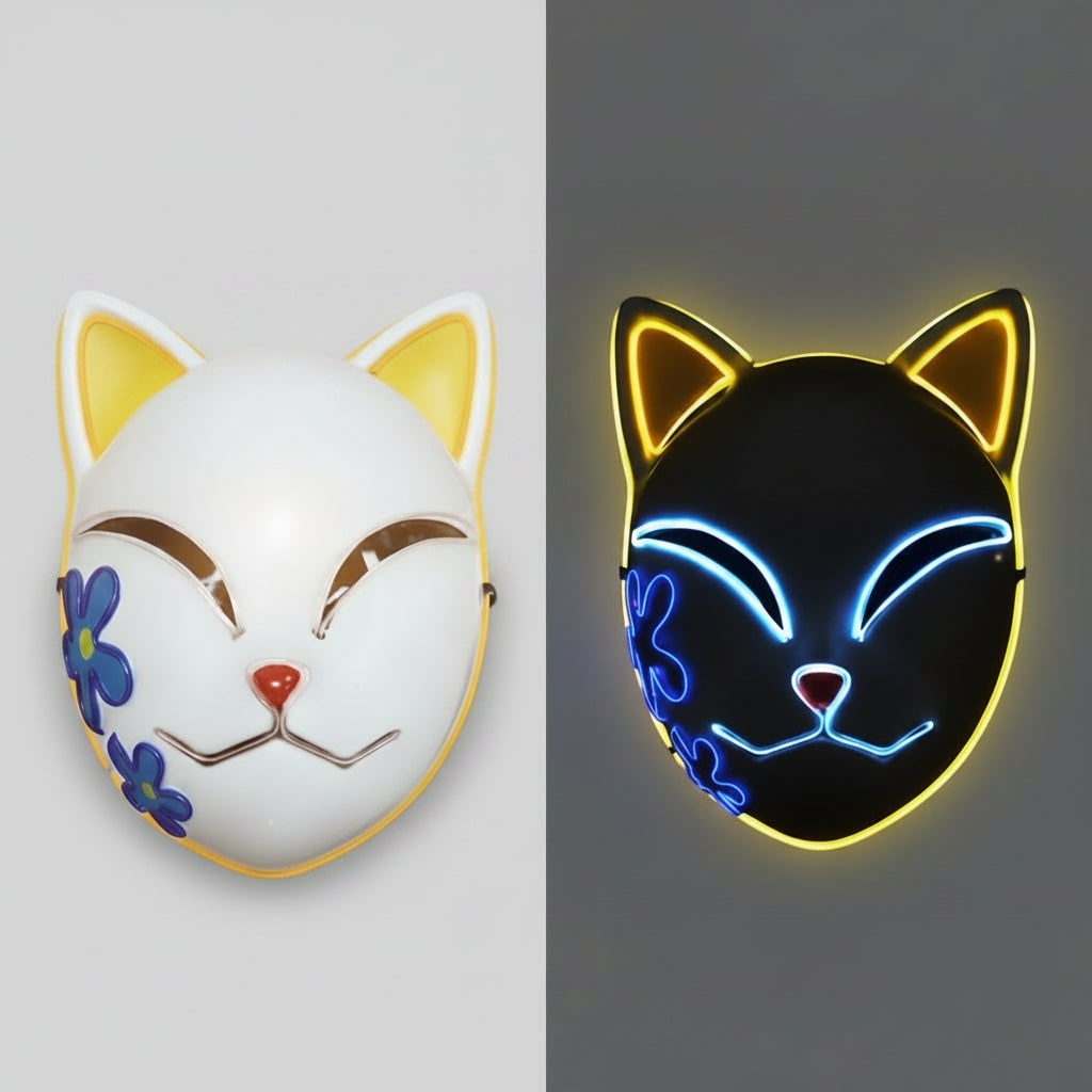 Men's Halloween LED Fox Kitsune Mask with Light-Up Japanese Demon Design for Cosplay Party Costume