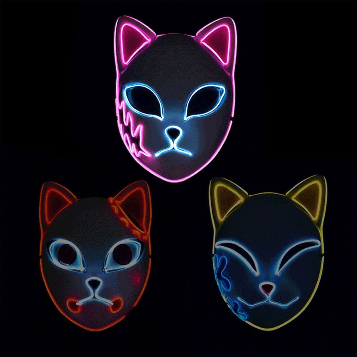 Men's Halloween LED Fox Kitsune Mask with Light-Up Japanese Demon Design for Cosplay Party Costume
