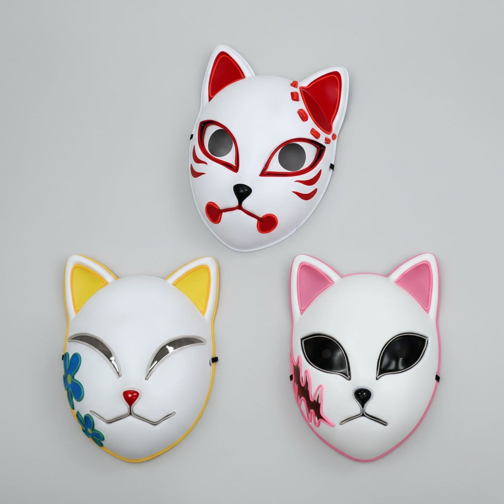 Men's Halloween LED Fox Kitsune Mask with Light-Up Japanese Demon Design for Cosplay Party Costume