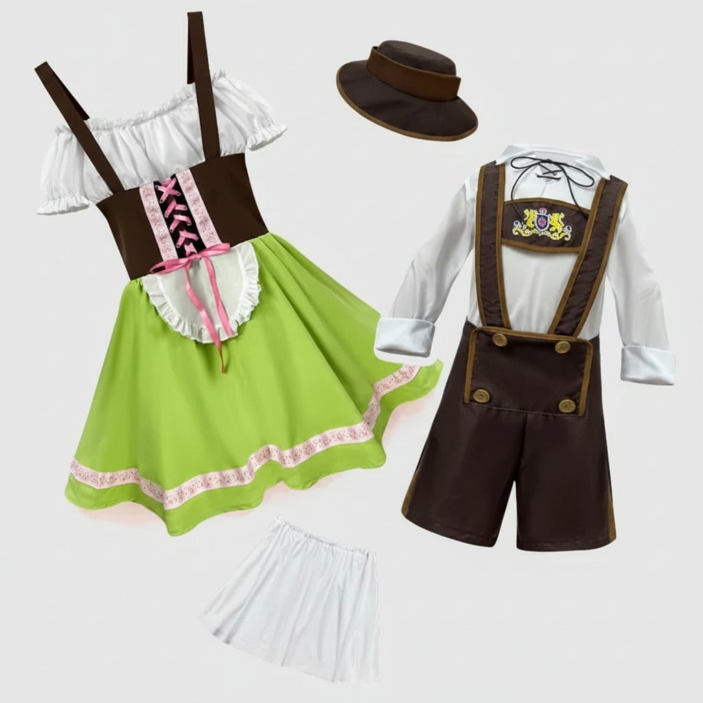 Men's Halloween Oktoberfest Costume Outfit with Lederhosen Dirndl Suspenders and Lace-Up Corset Bodice