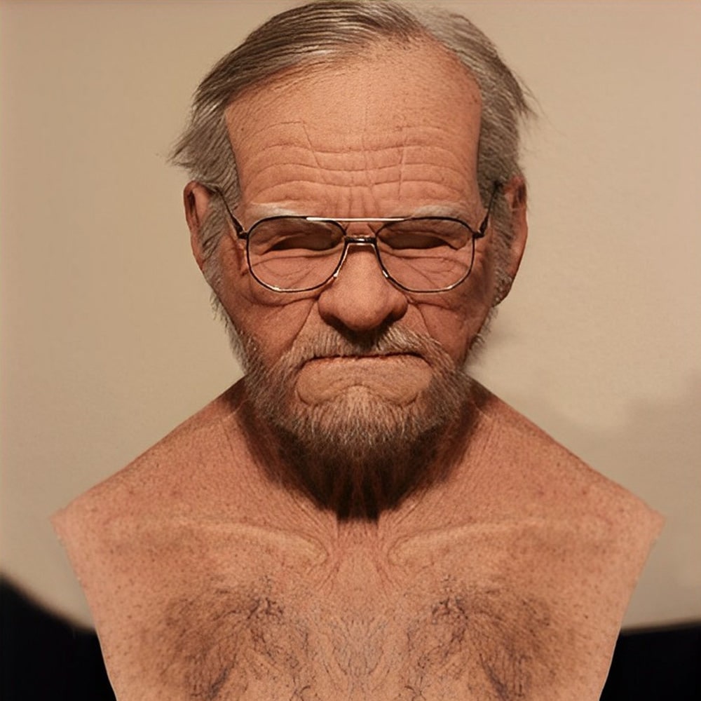 Men's Halloween Realistic Silicone Old Man Mask with Facial Hair and Chest Bib