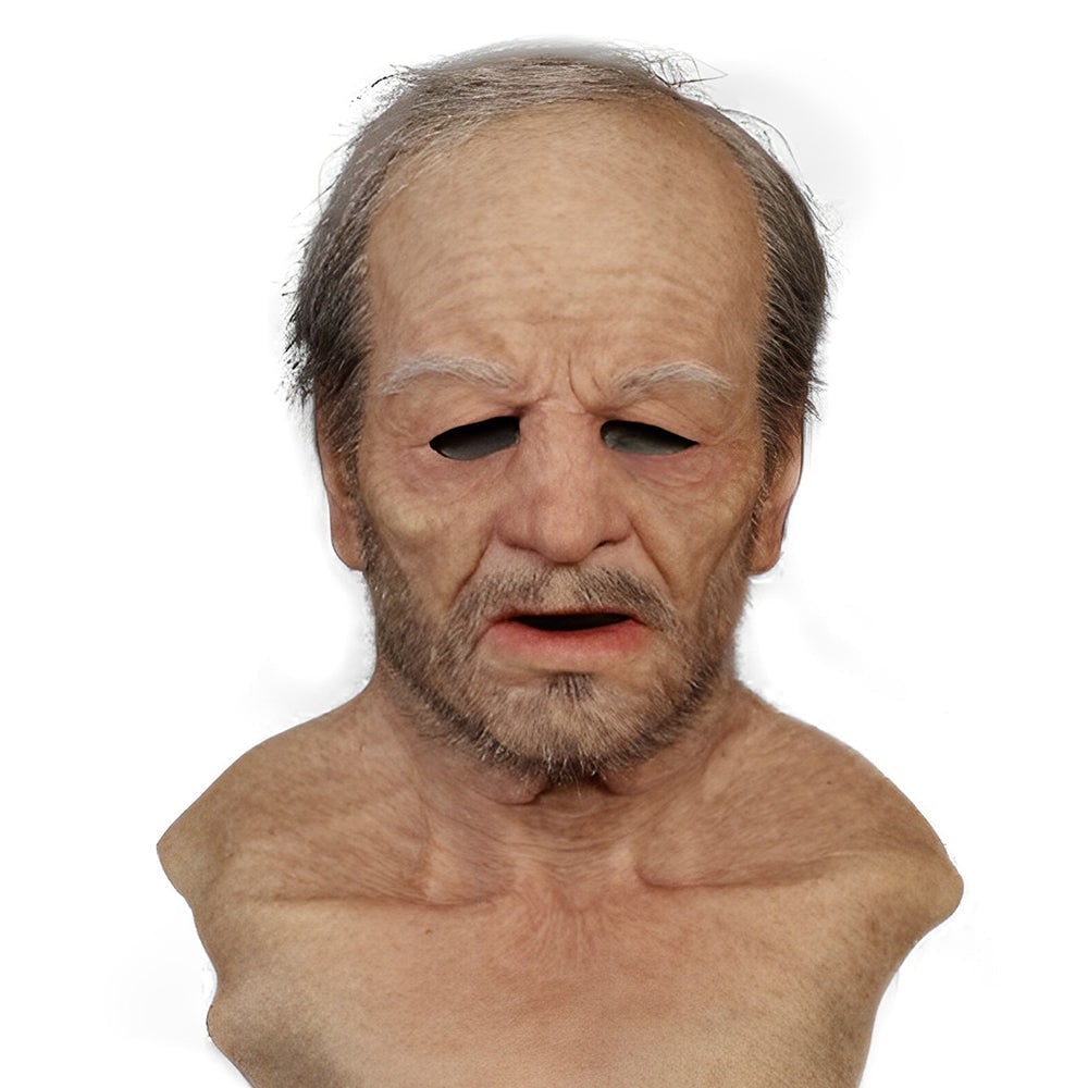 Men's Halloween Realistic Silicone Old Man Mask with Facial Hair and Chest Bib