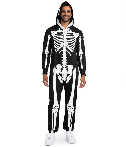 Men’s Skeleton Jumpsuit Costume – Full Body Skull & Bones Outfit with Mesh Eyeholes for Halloween Parties & Cosplay