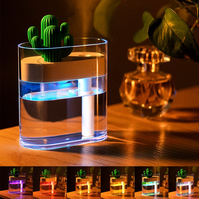 Ultrasonic Essential Oil Diffuser with Cactus Design, 160ml Capacity and Color Night Light