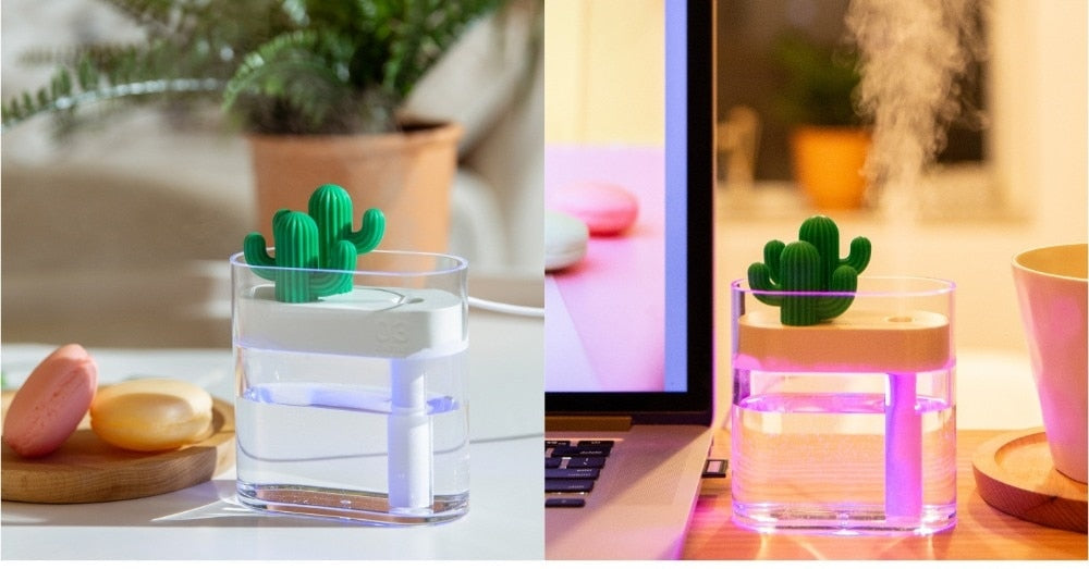 Ultrasonic Essential Oil Diffuser with Cactus Design, 160ml Capacity and Color Night Light