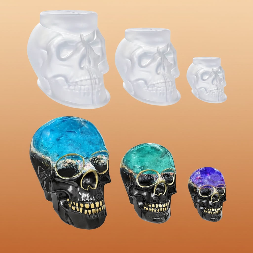 Halloween 3D Skull Silicone Mold Set of 3 with Detailed Design for Resin Casting and Candle Making