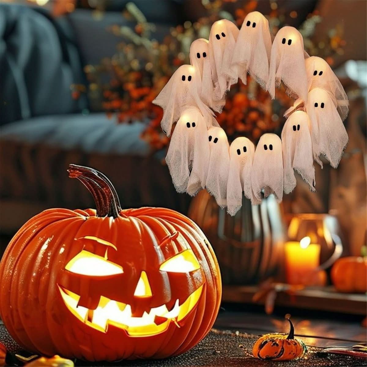 SPOOKGLOW – LED Ghost Wreath with 12 Illuminated Spirits