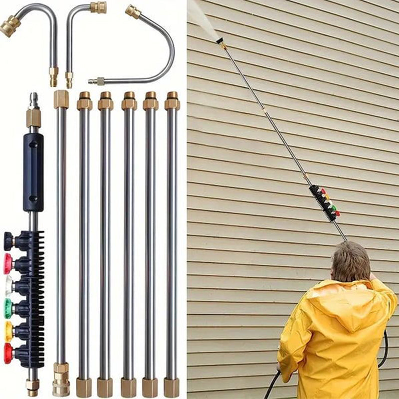 High Pressure Washer Wand Extension Set 4000 PSI - Stainless Steel Power Cleaning Rod with 6 Spray Nozzles and Curved Gutter Attachment