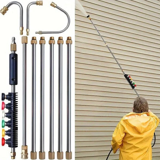 High Pressure Washer Wand Extension Set 4000 PSI - Stainless Steel Power Cleaning Rod with 6 Spray Nozzles and Curved Gutter Attachment