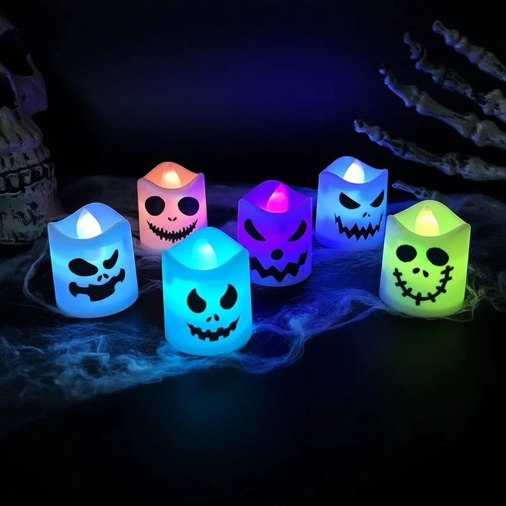 Halloween Decorations Battery Operated Color Changing LED Tea Lights with Spooky Faces